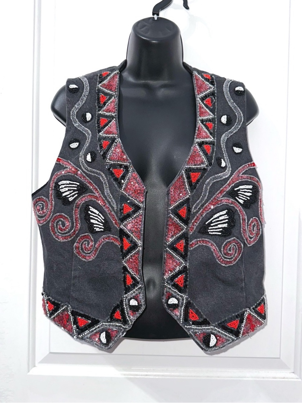 Vintage Sharmark Las Vegas Beaded Sequined Black Denim Vest Southwestern